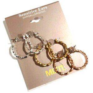 MIXIT Set of 3 Silver, Gold & Rose Gold Hoop Earrings - Women's Fashion Jewelry